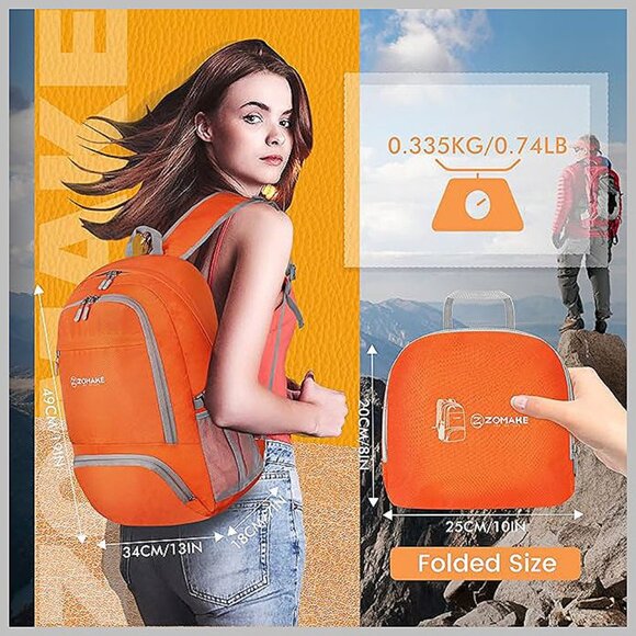 Lightweight Packable Backpack 30L - Foldable Hiking Backpacks Orange - Picture 2 of 6